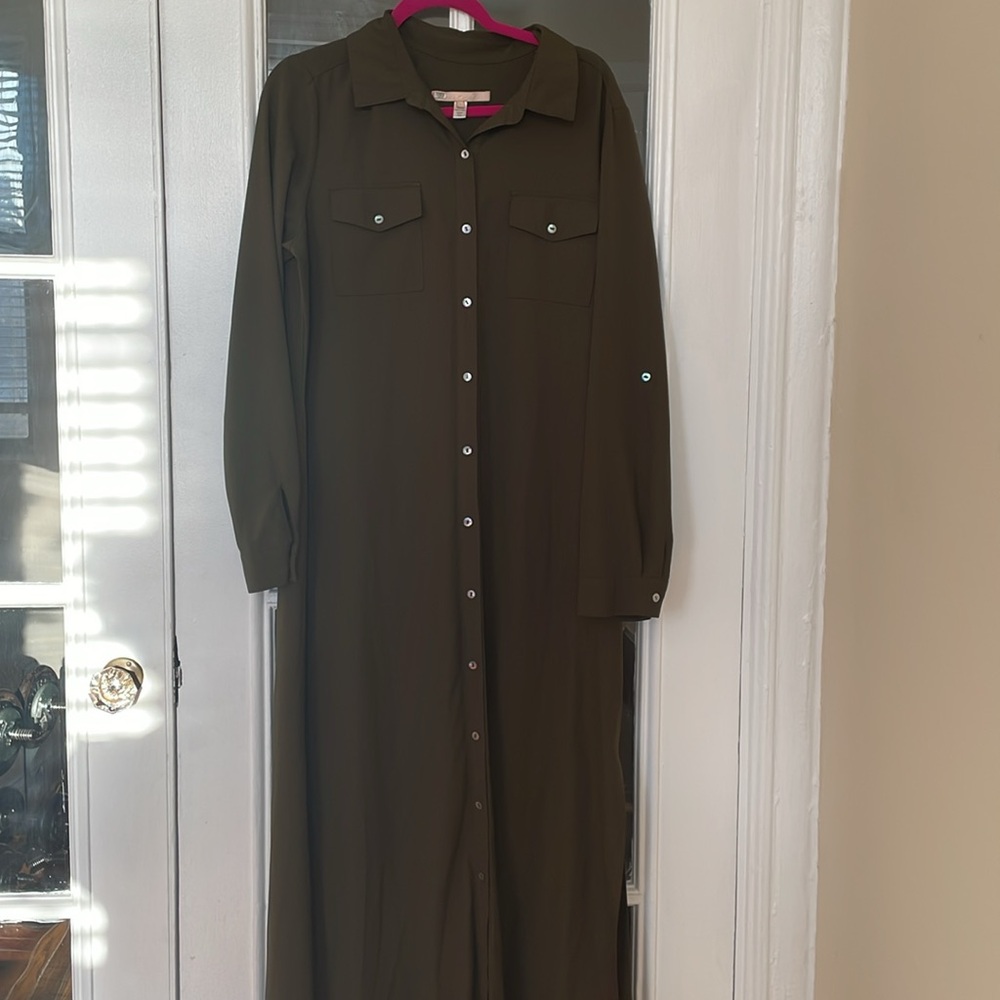 Anthropologie hutch olive green Cassidy collar side slit maxi shirt dress XL - Picture 2 of 11